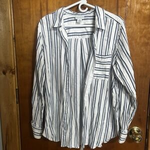 Liz Claiborne Women Striped Long Sleeve Button-Up Shirt Black white flowy XL